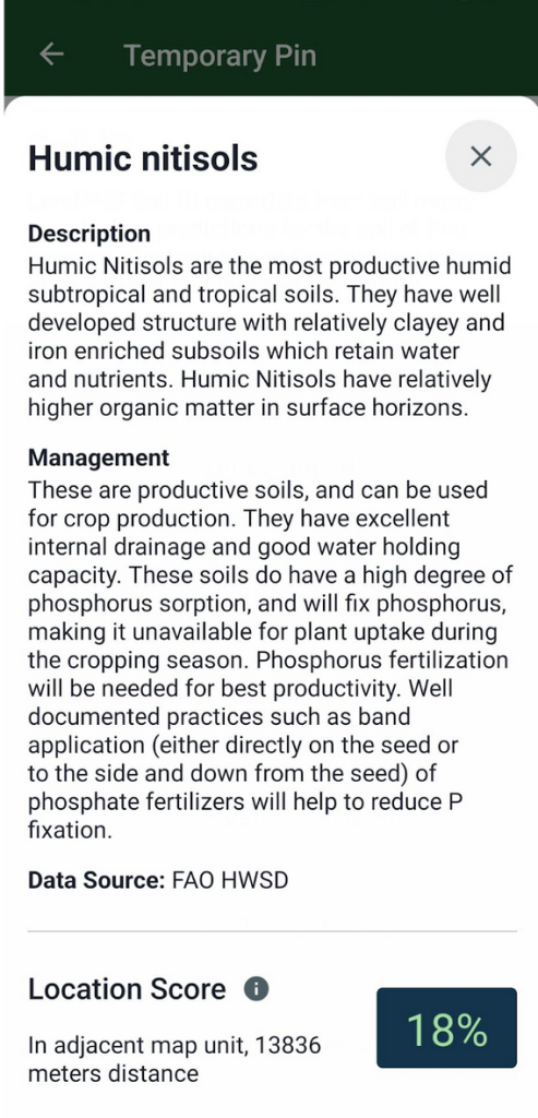 a screenshot of the app, featuring a description of soil properties and a description of management practices