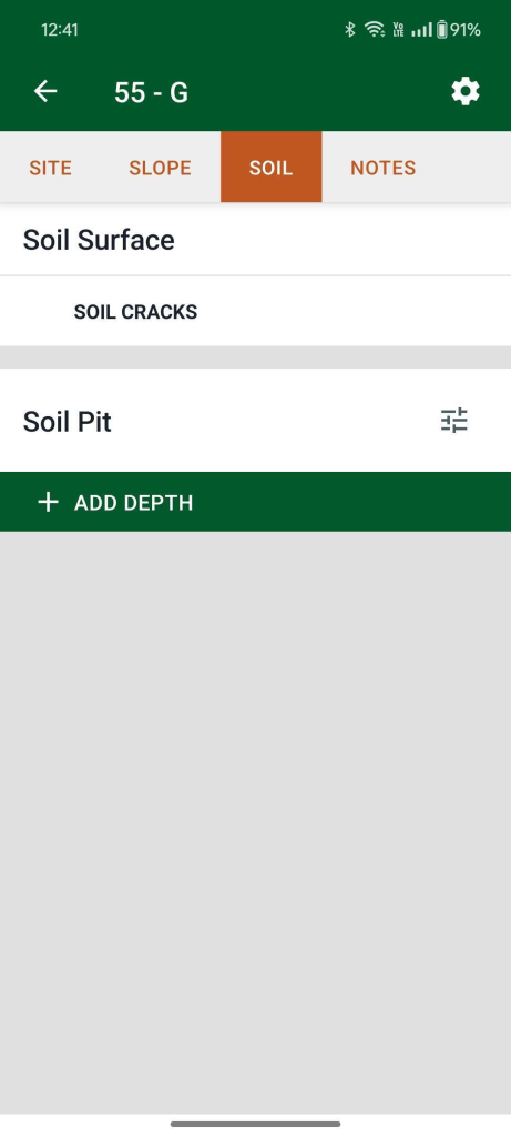 a screenshot of a soils tab without any pre-determined depths. there is a button to "add depth".
