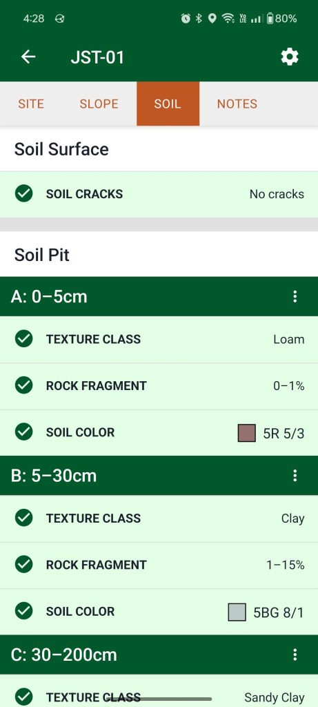 A screenshot of the soils tab. There are places to record soil cracks as well as soil texture, rock fragment, and soil color at various depths.