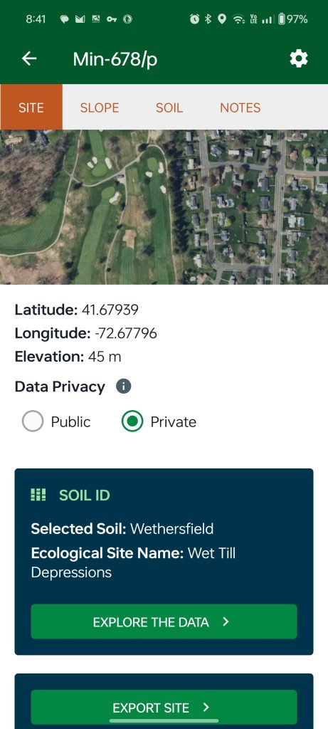 a screenshot of the site dashboard. there is a tile called "soil id" and a button labeled "explore the data".