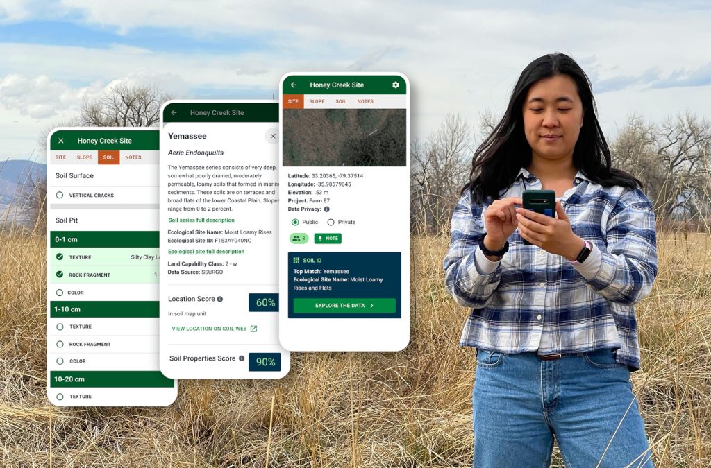 a woman in a field with a smart phone. on the left are three screes showing the app