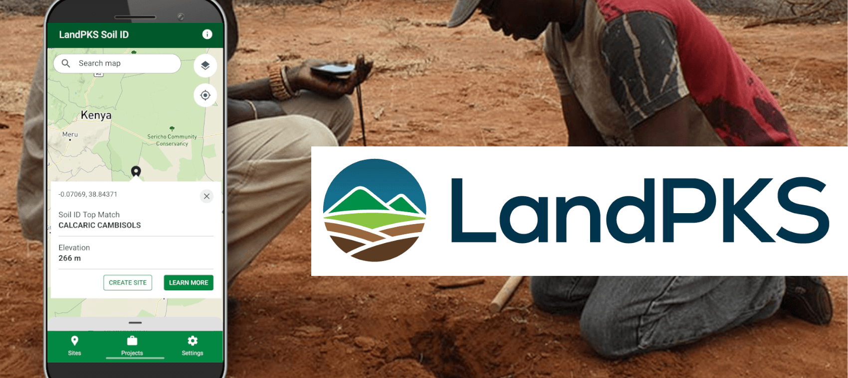 An image showing 2 people using the LandPKS mobile app with red soil, and a banner reading "LandPKS Soil ID - Ground-truth your soil decisions."