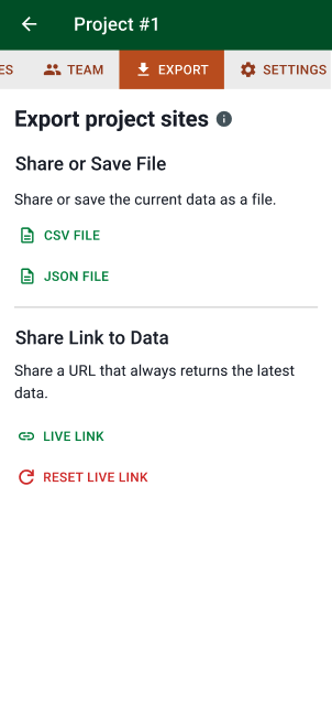 A LandPKS "Export" tab with green and red share links
