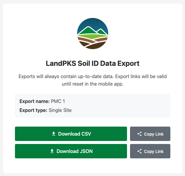 LandPKS Soil ID screen: Data Export webpage