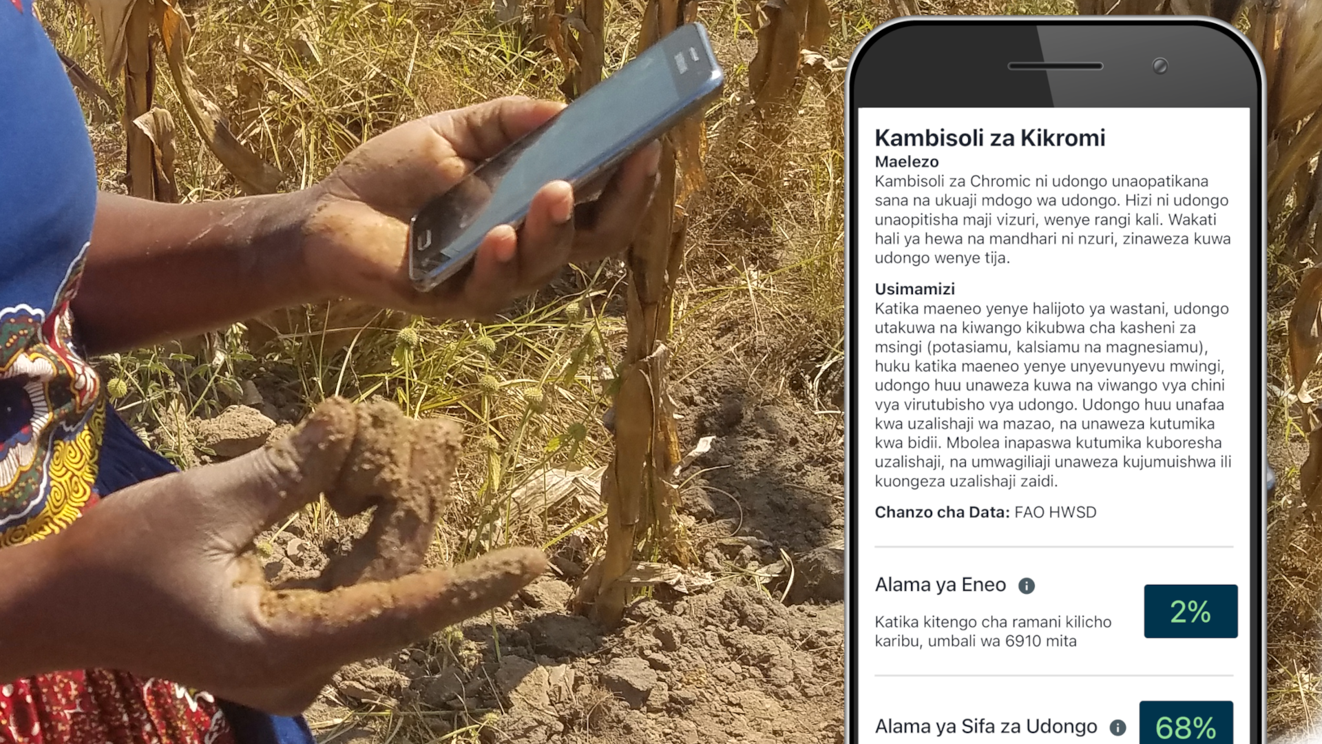 Tanzanian woman reading a soil description from a smartphone and holding a ball of dampened soil