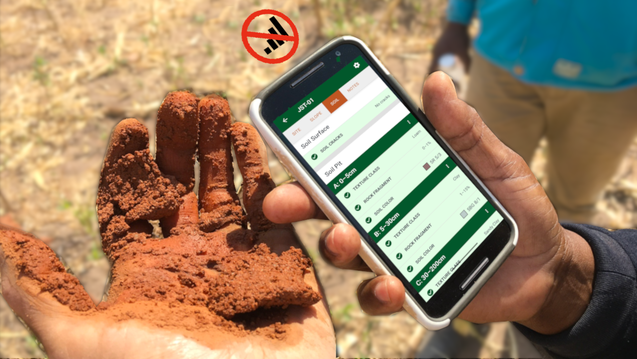 A man holds a phone and a ball of soil, while a "no connection" bar hovers over his phone